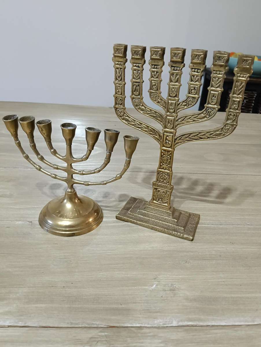 TWO BRASS MENORAH CANDELABRUM.