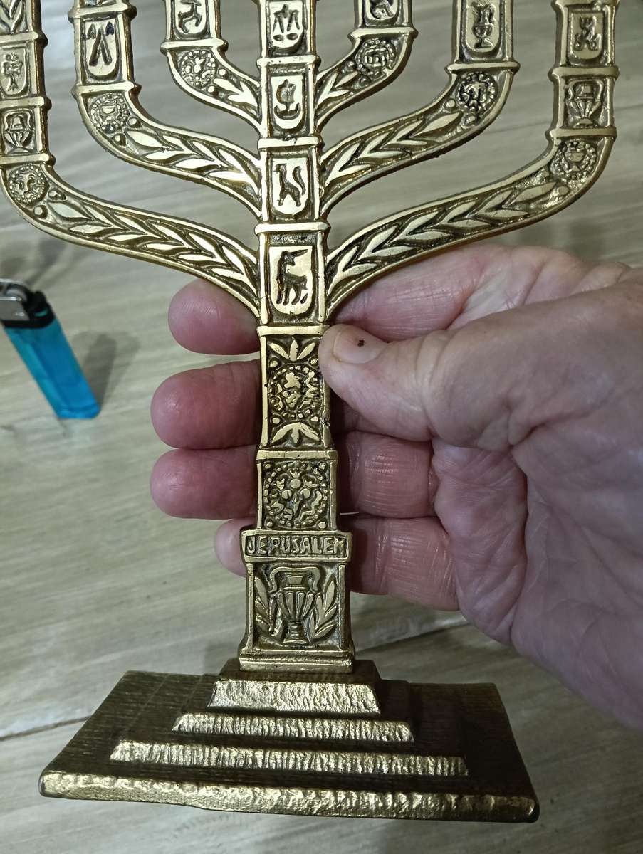 TWO BRASS MENORAH CANDELABRUM.