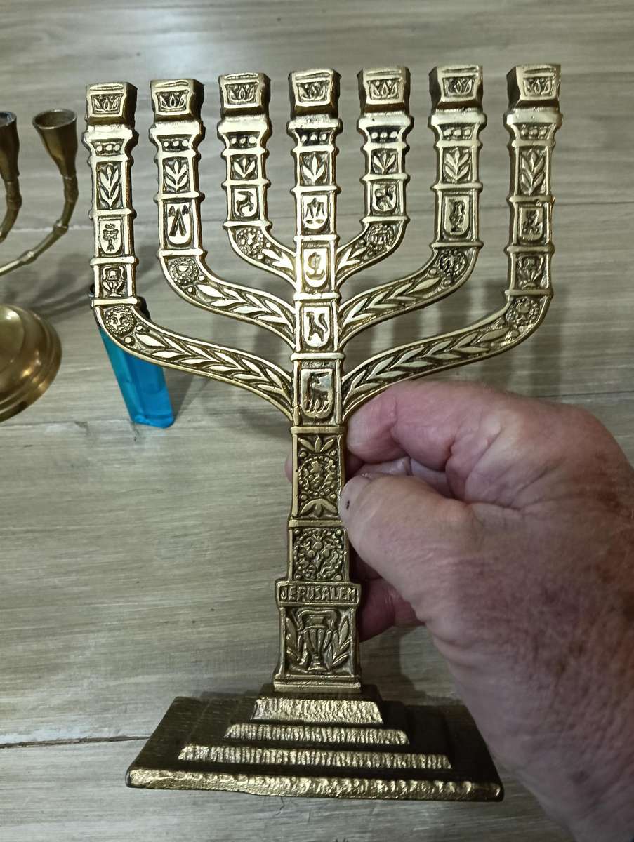 TWO BRASS MENORAH CANDELABRUM.