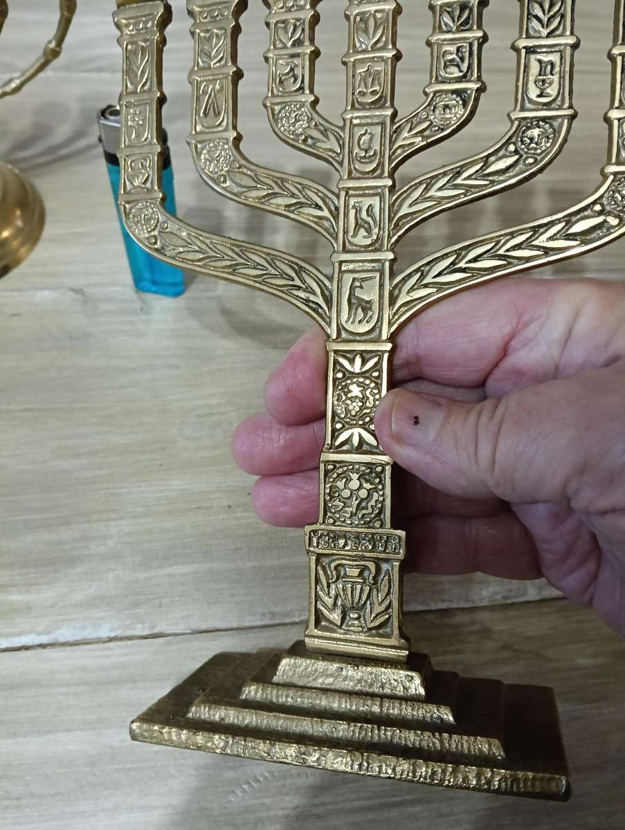 TWO BRASS MENORAH CANDELABRUM.