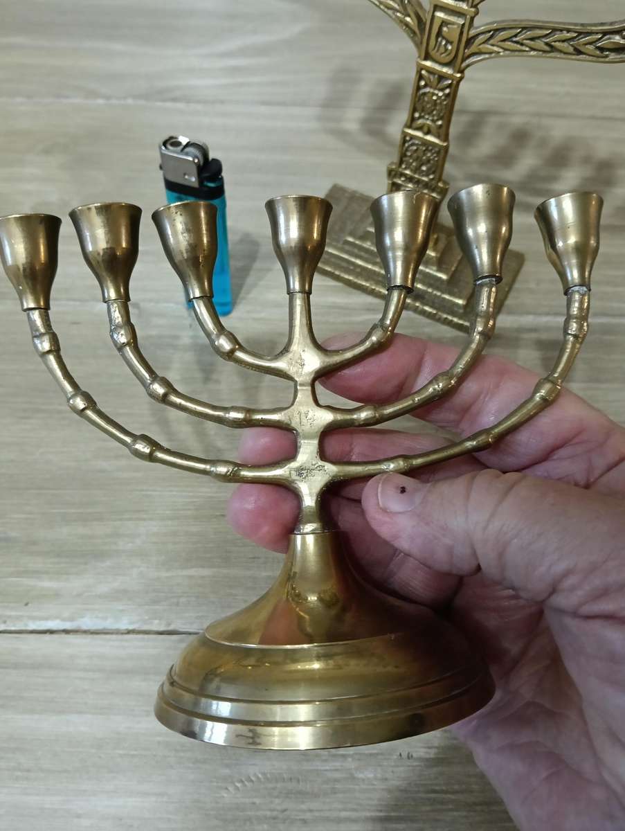 TWO BRASS MENORAH CANDELABRUM.