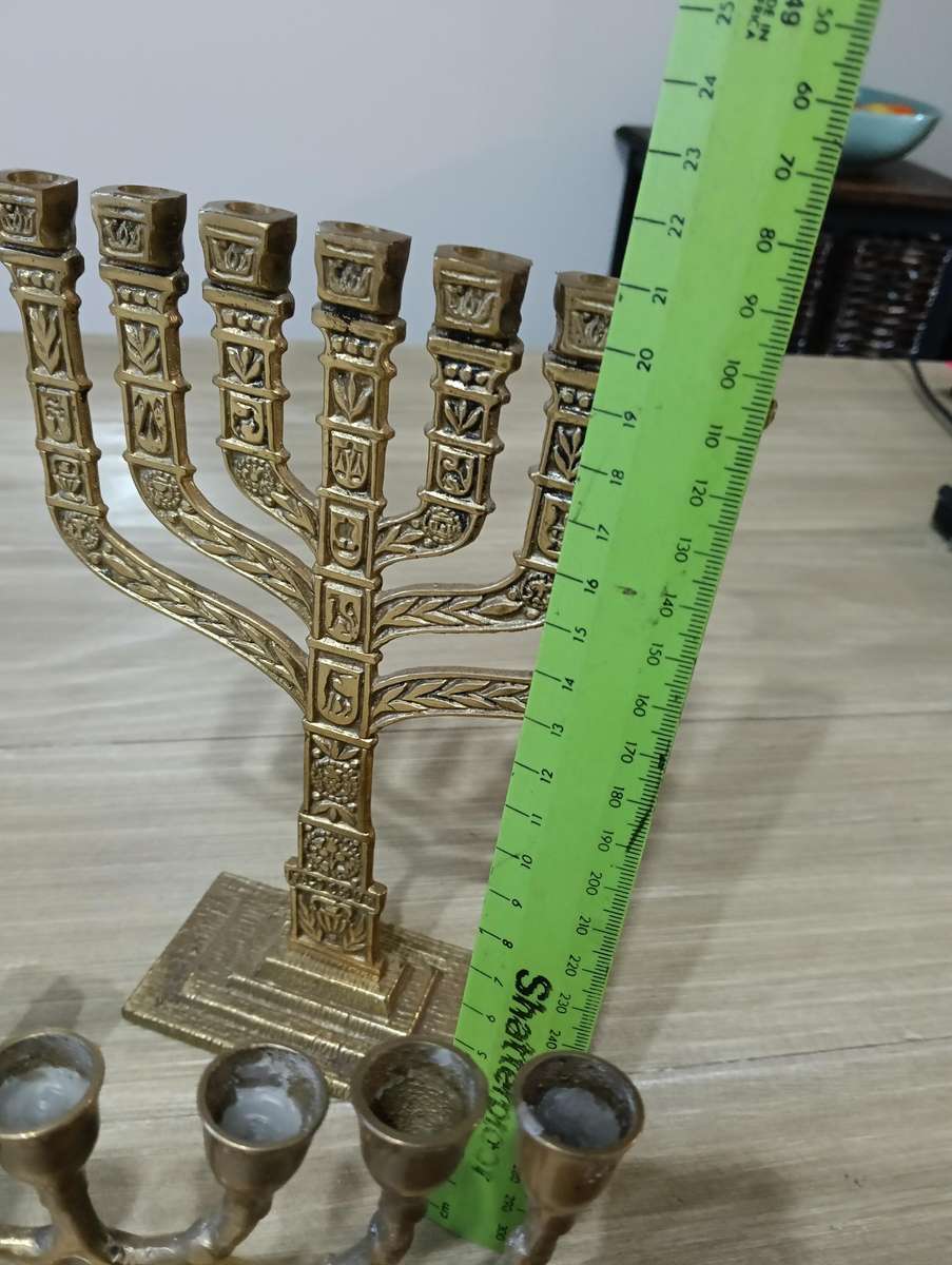 TWO BRASS MENORAH CANDELABRUM.