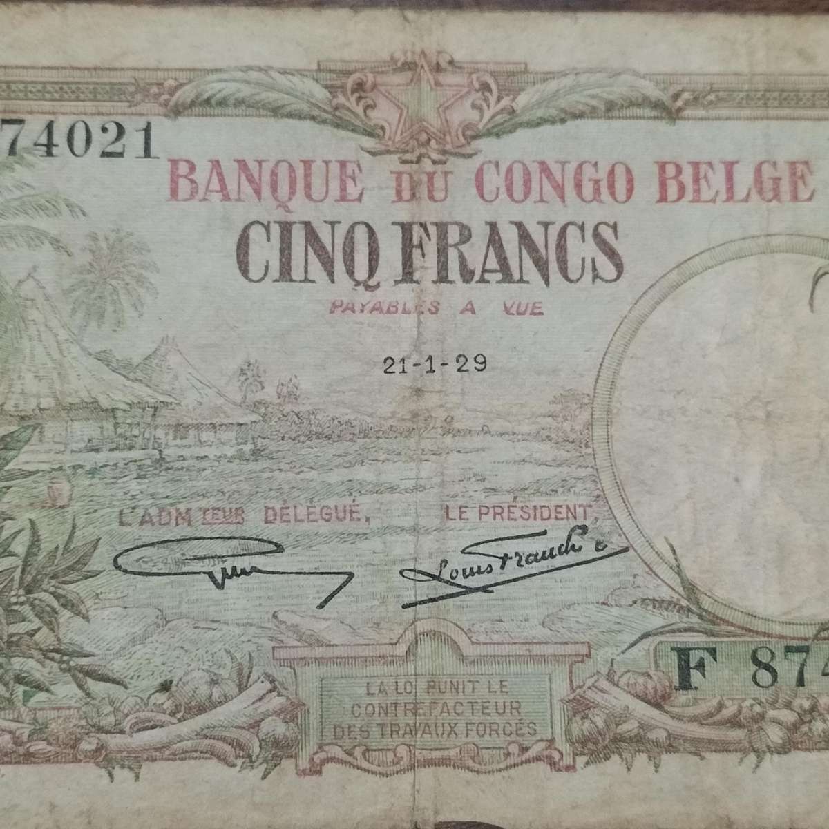 RARE BELGIAN CONGO 5 FRANK BANK NOTE.