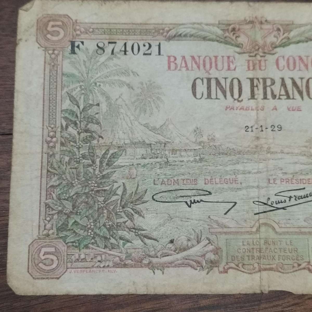 RARE BELGIAN CONGO 5 FRANK BANK NOTE.