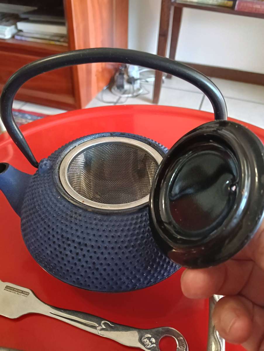 CAST IRON TEA POT. AND C BOYES ITEMS.