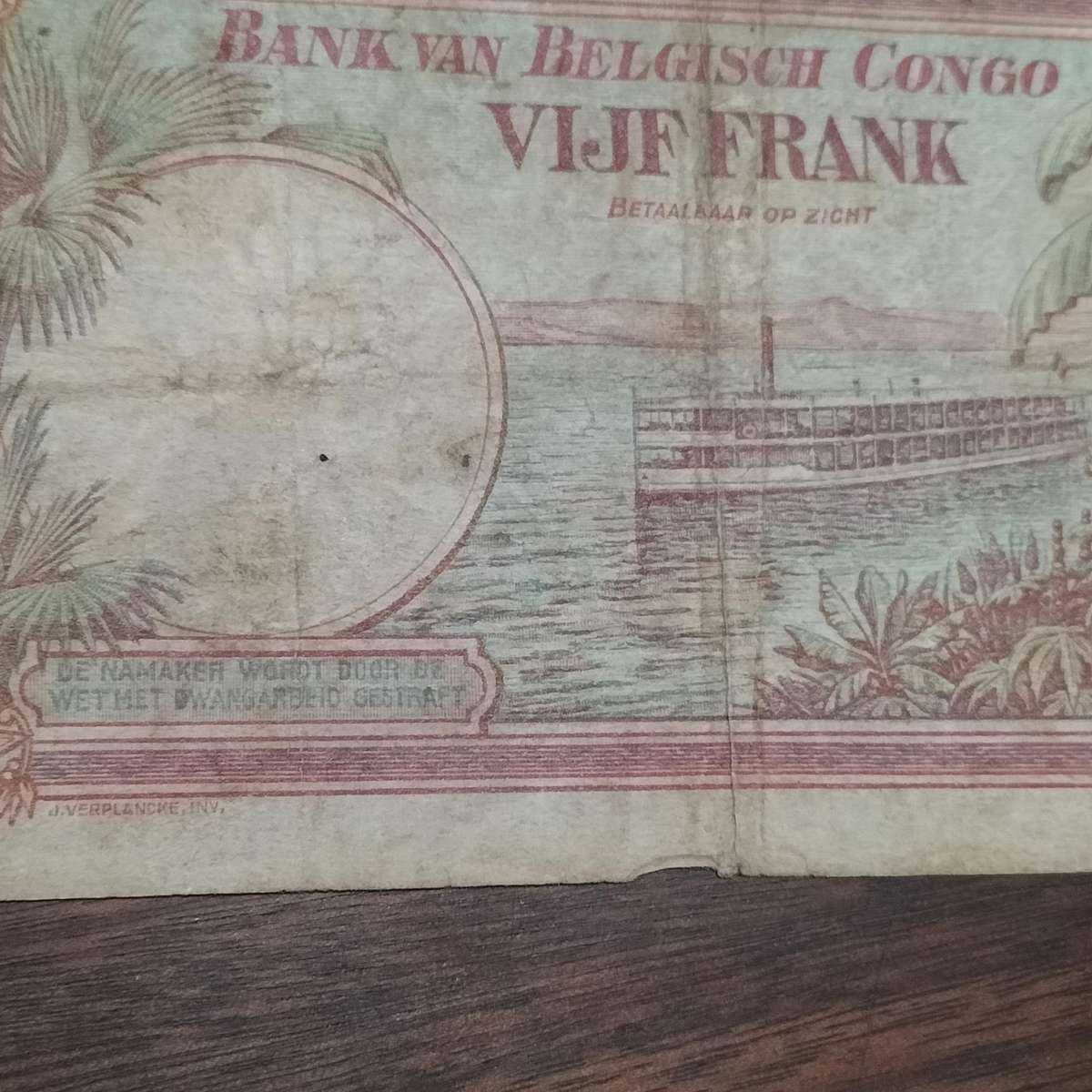 RARE BELGIAN CONGO 5 FRANK BANK NOTE.
