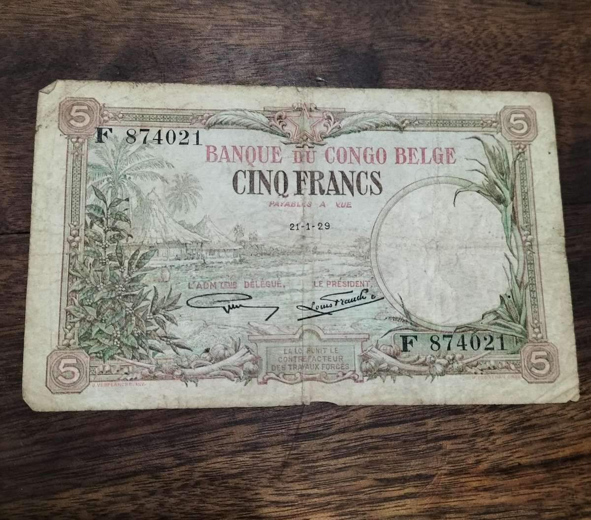 RARE BELGIAN CONGO 5 FRANK BANK NOTE.