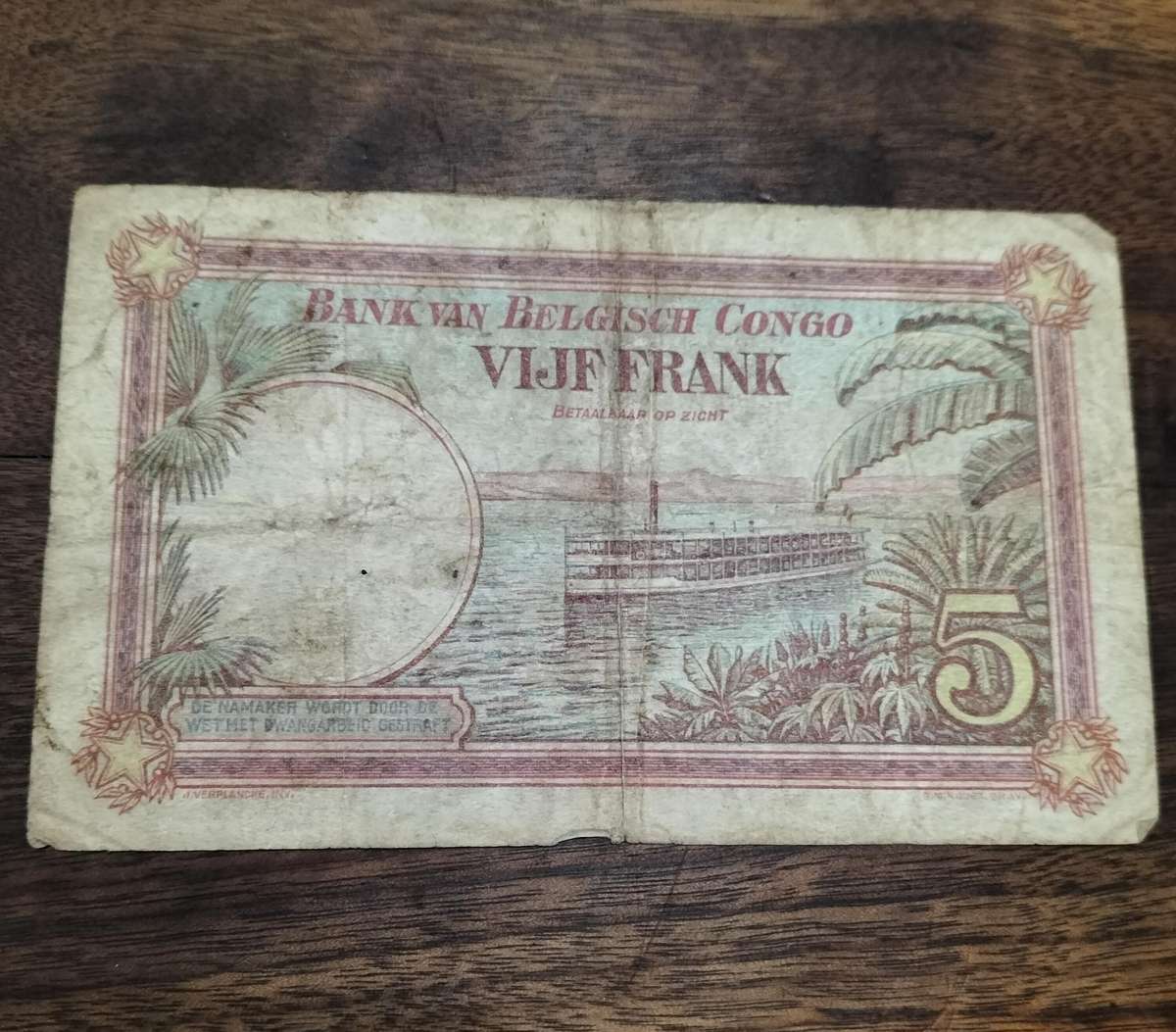 RARE BELGIAN CONGO 5 FRANK BANK NOTE.