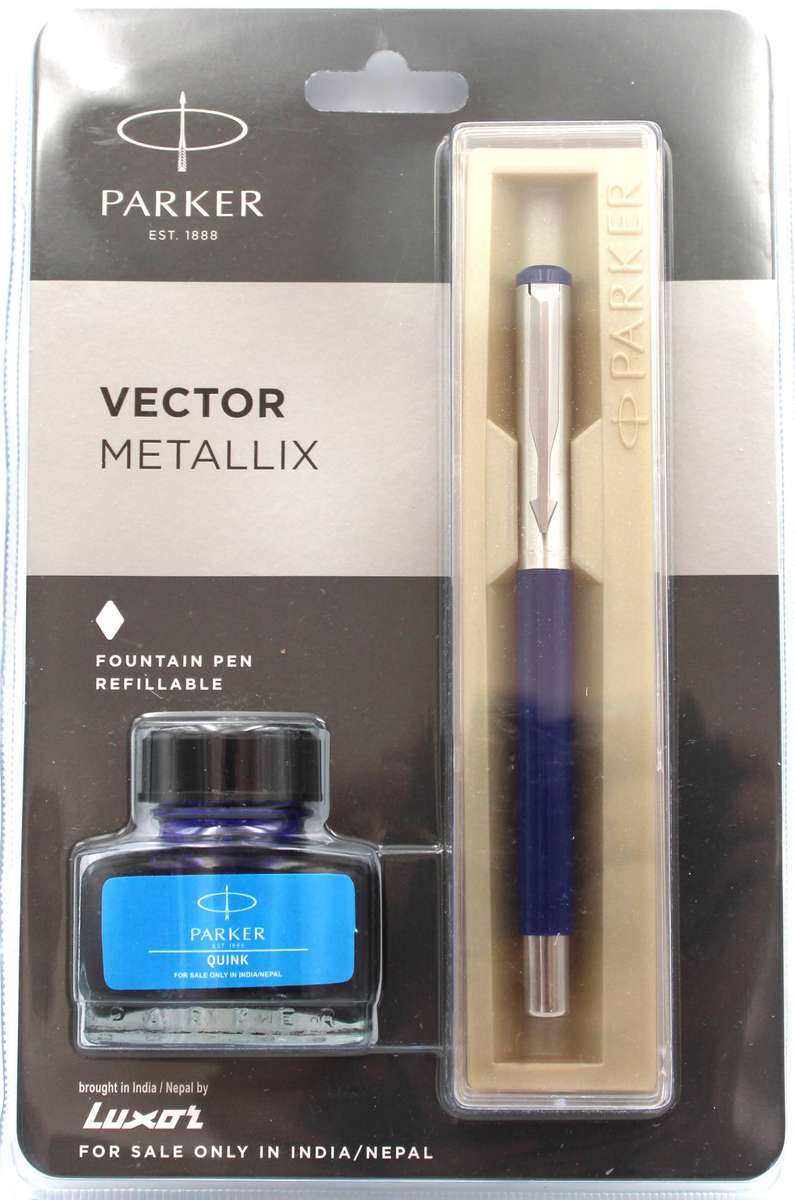 PARKER VECTOR METALLIX - BLUE FOUNTAIN PEN & INK BOTTLE SET - NOS