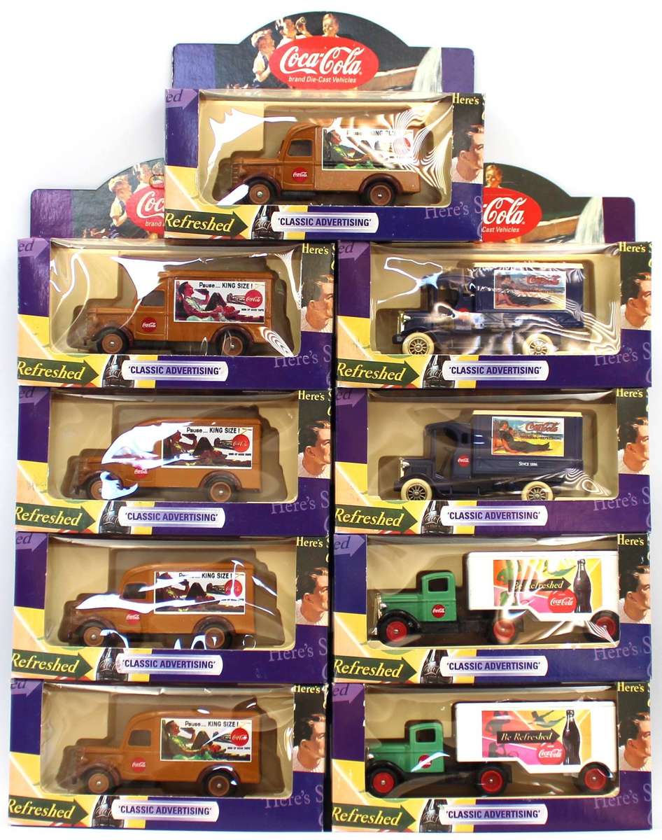 LLEDO DIECAST COCA-COLA 1997 SERIES - 9X DIFFERENT FORD, BEDFORD & DENNIS VANS / TRUCKS