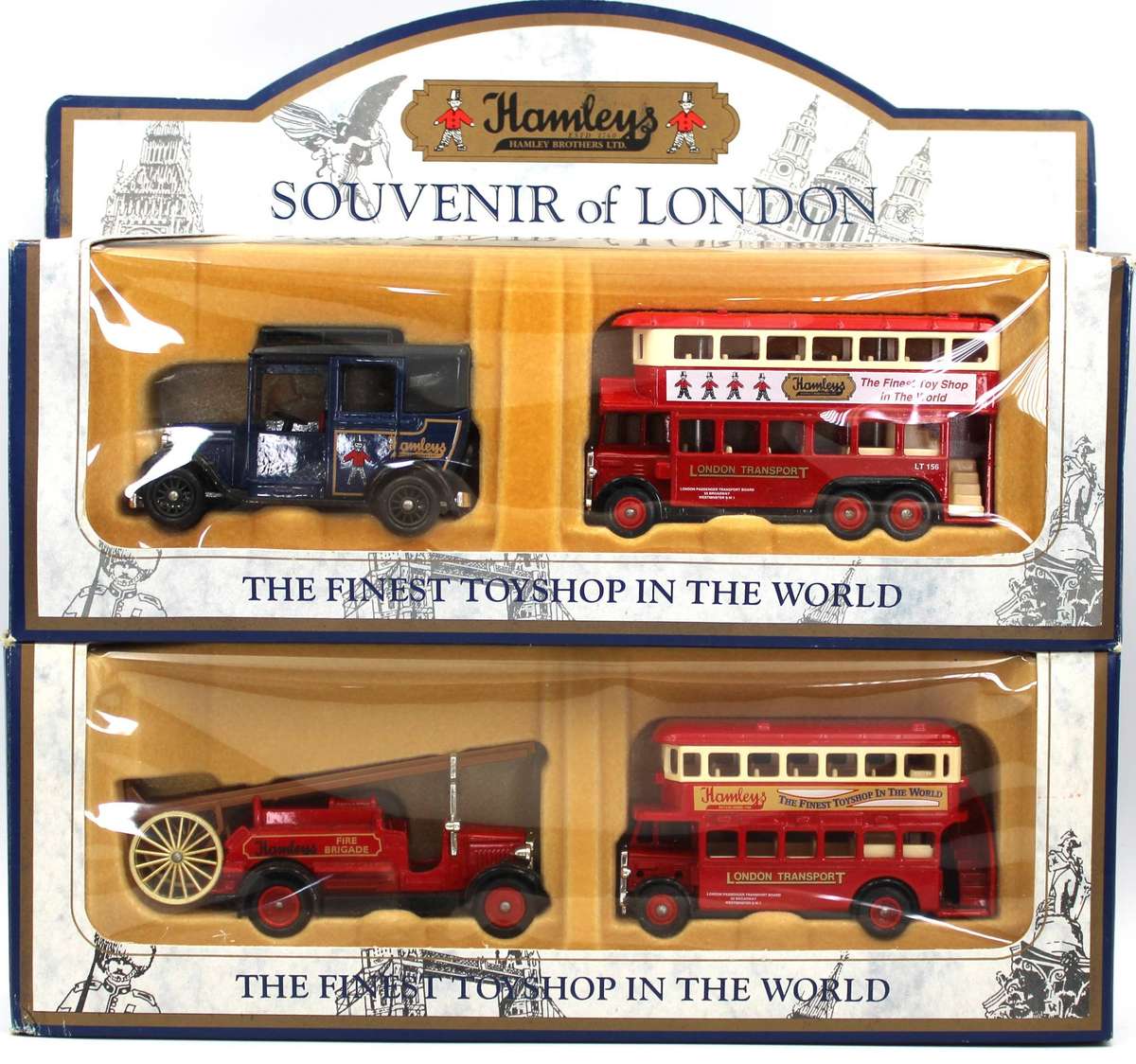 LLEDO DIECAST - 2X LONDON HAMLEY'S SETS - HA1002 & HA2002 - BUSES, FIRE ENGINE, AUSTIN TAXI