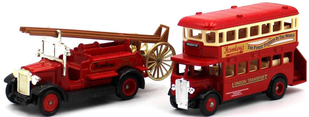 LLEDO DIECAST - 2X LONDON HAMLEY'S SETS - HA1002 & HA2002 - BUSES, FIRE ENGINE, AUSTIN TAXI
