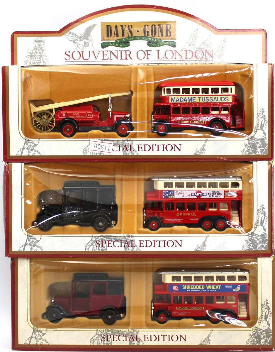 LLEDO DIECAST - 3 SOUVENIR OF LONDON SETS - BUSES, FIRE ENGINE & AUSTIN TAXI'S