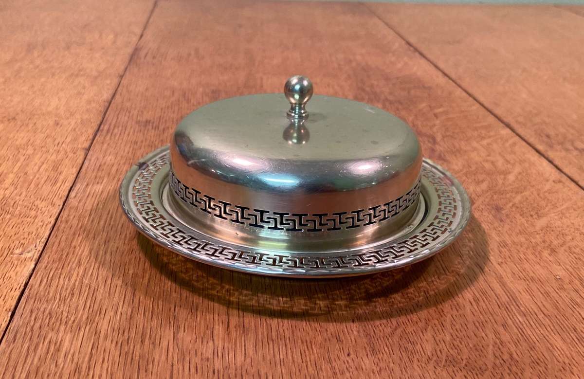 EPNS butterdish with glass liner by P.F.J. Initials Maker - VINTAGE