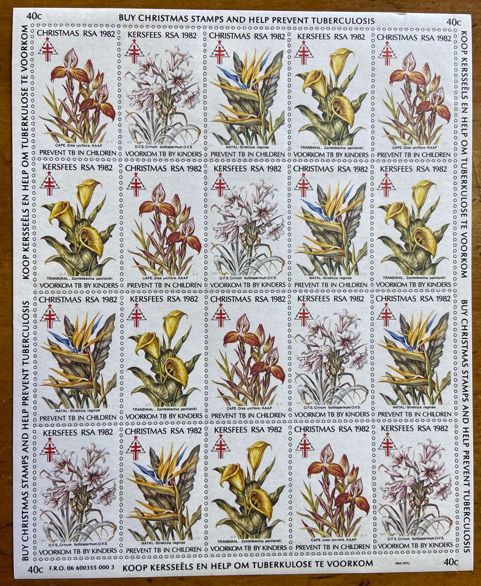 CHRISTMAS STAMPS SHEET RSA KERSFEES 1982 PREVENT TUBERCULOSIS 40c CINDERELLAS FLOWERS CGH TVL OFS NT