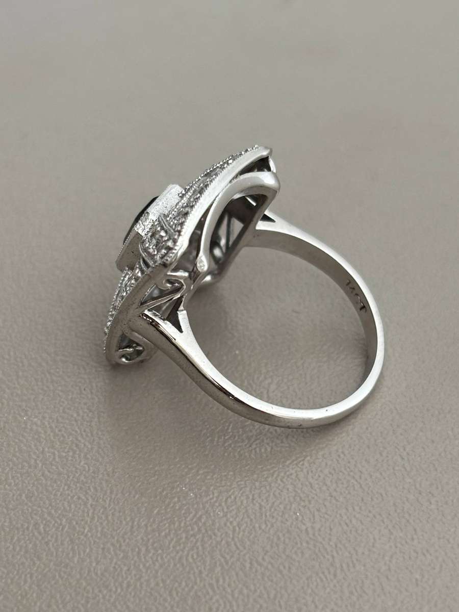SAPPHIRE AND DIAMOND RING 14ct WHITE GOLD 14K GORGEOUS!!!! 6,4g BRITISH SIZE M US SIZE 6.3