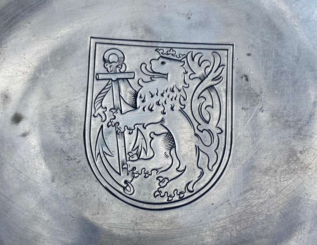 GERMAN 835 SILVER ROUND BOWL DISH  - Düsseldorf Coat of Arms - GRIMMINGER - 106.9g