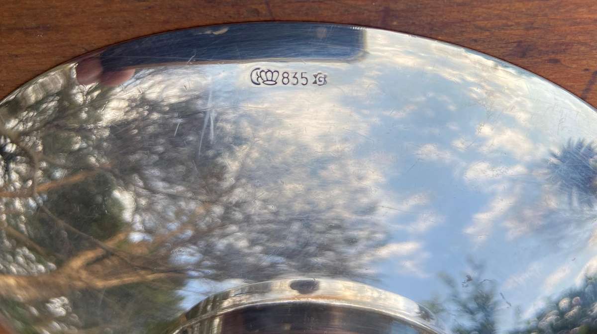 GERMAN 835 SILVER ROUND BOWL DISH  - Düsseldorf Coat of Arms - GRIMMINGER - 106.9g