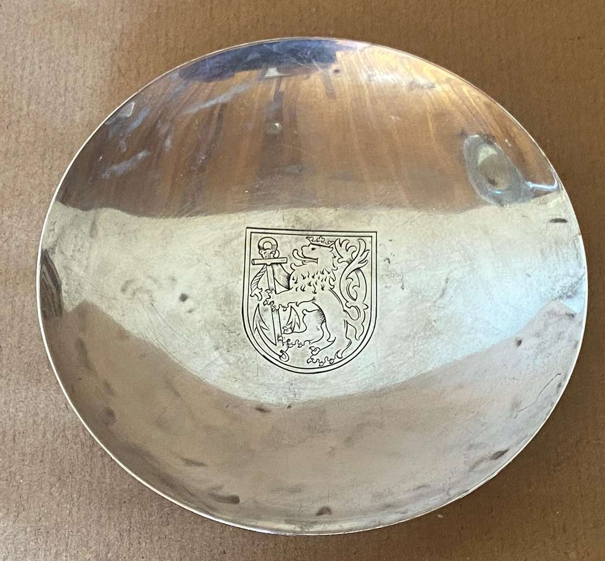 GERMAN 835 SILVER ROUND BOWL DISH  - Düsseldorf Coat of Arms - GRIMMINGER - 106.9g