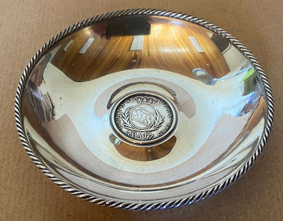 800 SWISS TEZLER SILVER  (no. 3567)  SWITZERLAND CANTON BERN COIN DISH / BOWL 5 Baht coin - 78.4g
