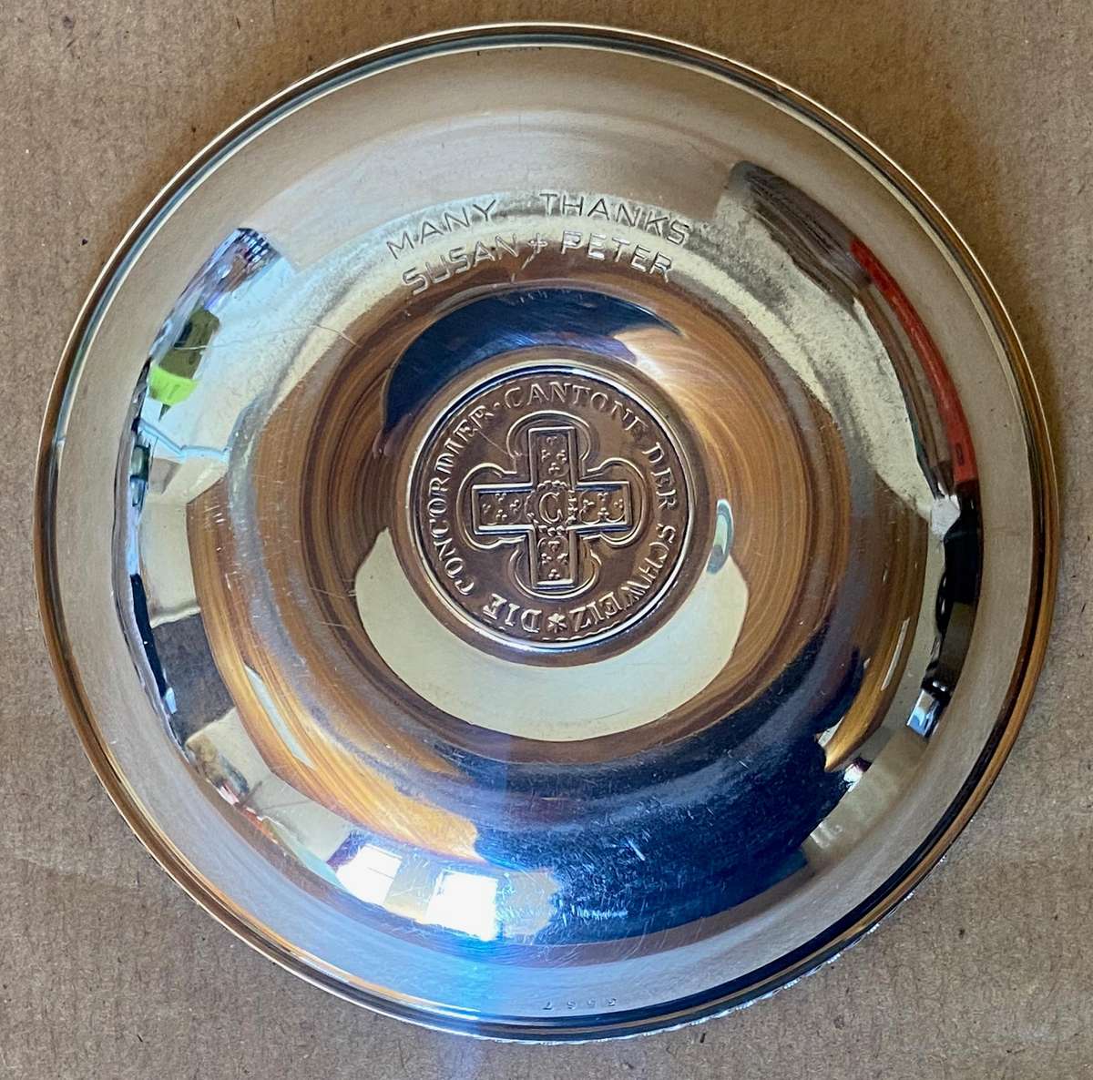 800 SWISS TEZLER SILVER  (no. 3567)  SWITZERLAND CANTON BERN COIN DISH / BOWL 5 Baht coin - 78.4g