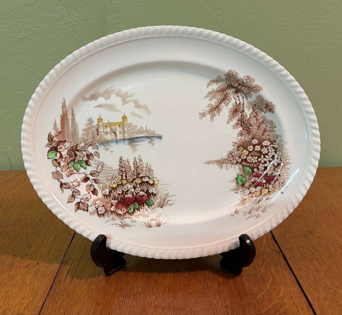 PLATTER OVAL SMALL JOHNSON BROTHERS Castle on the lake  ENGLAND  FLOWERS/FLORAL CASTLE SCENE !