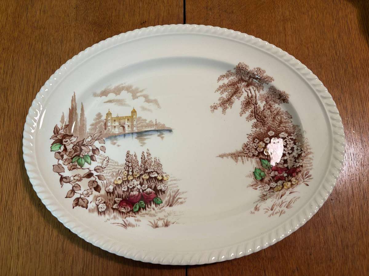 PLATTER OVAL SMALL JOHNSON BROTHERS Castle on the lake  ENGLAND  FLOWERS/FLORAL CASTLE SCENE !