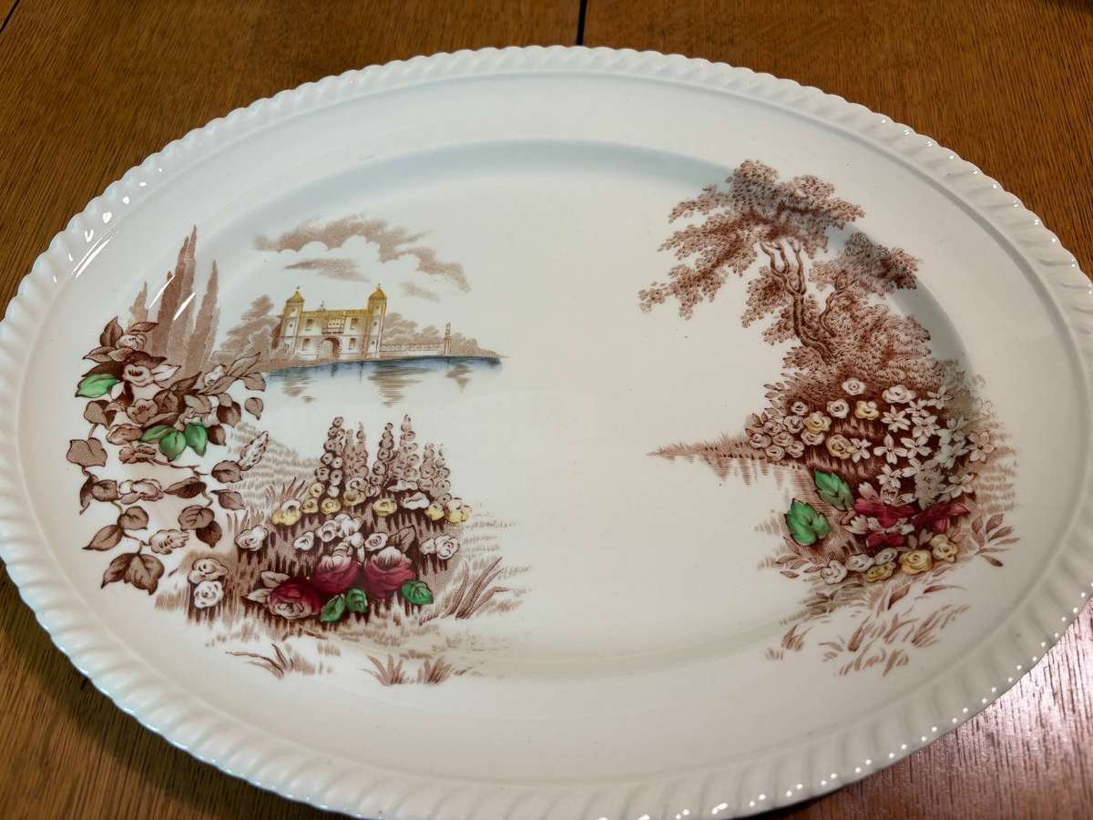 PLATTER OVAL SMALL JOHNSON BROTHERS Castle on the lake  ENGLAND  FLOWERS/FLORAL CASTLE SCENE !