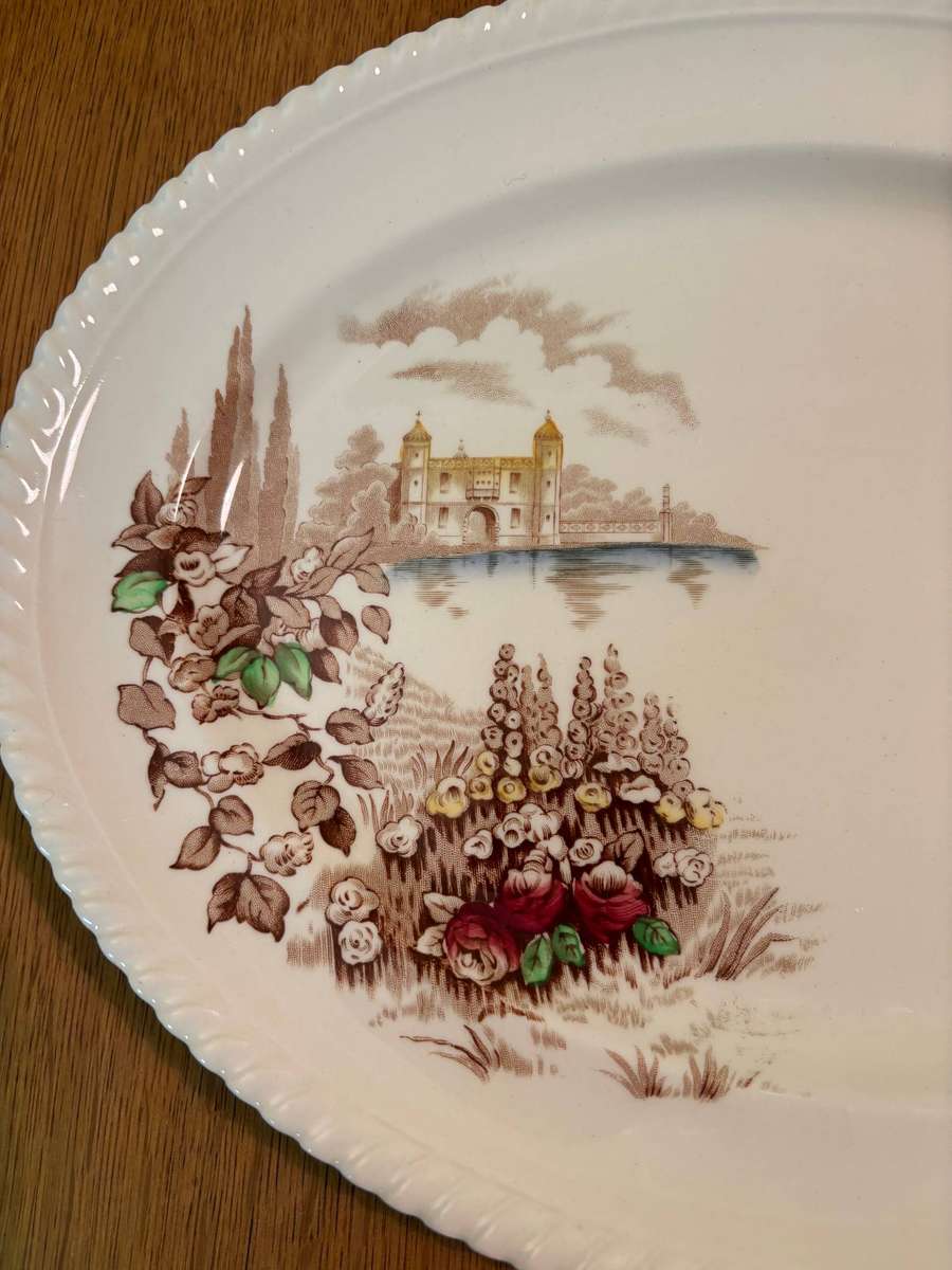 PLATTER OVAL SMALL JOHNSON BROTHERS Castle on the lake  ENGLAND  FLOWERS/FLORAL CASTLE SCENE !