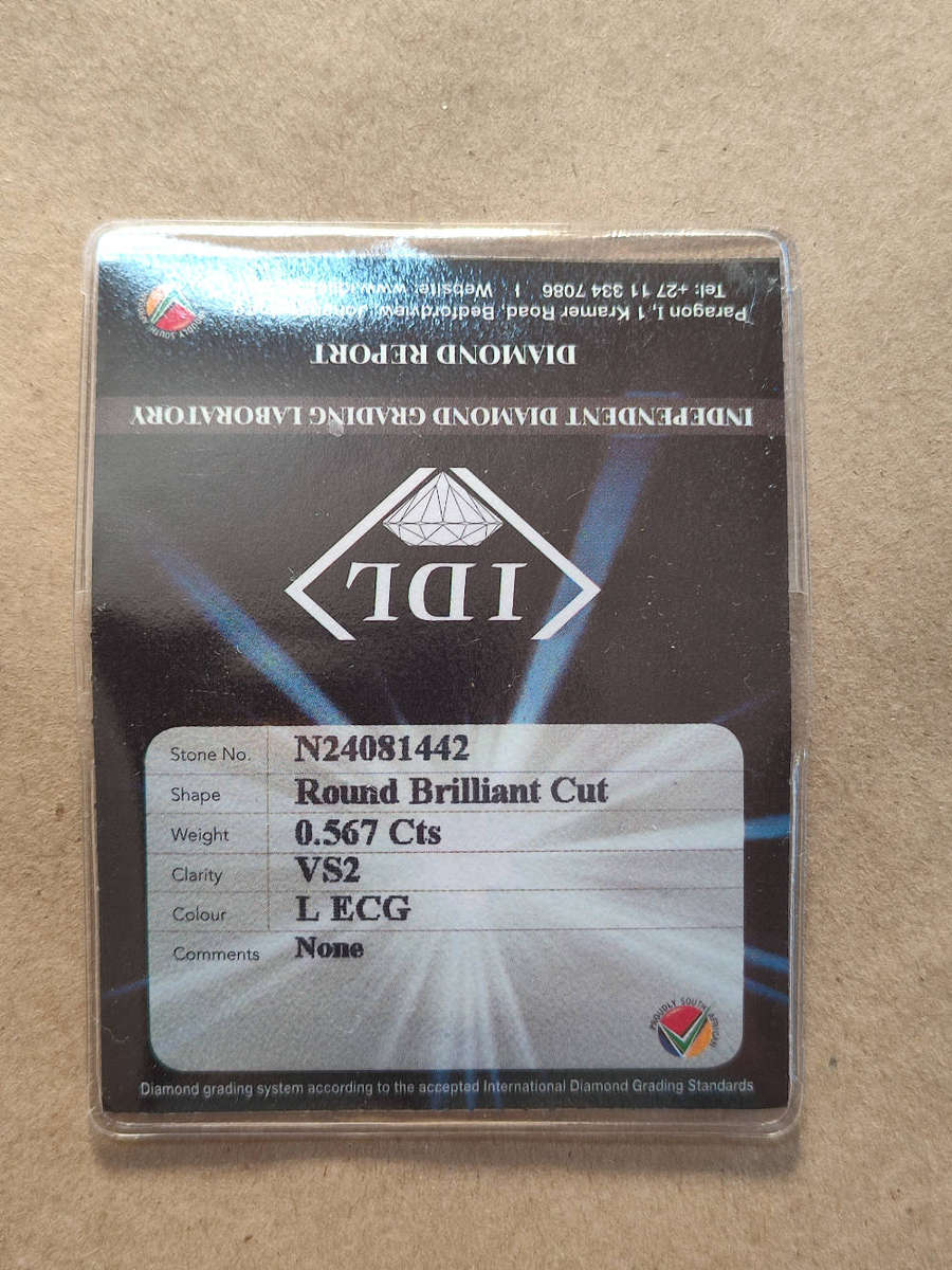 Natural Cerified Round brilliant Diamond. .56. VS2 L ECG