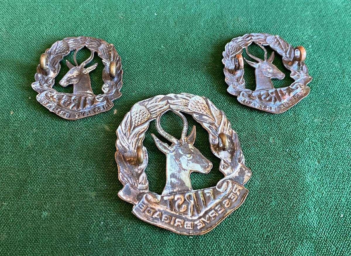 FIRST SA RESERVE BRIGADE CAP AND COLLARS-BRONZE-WORN 1940-43-LUGS INTACT