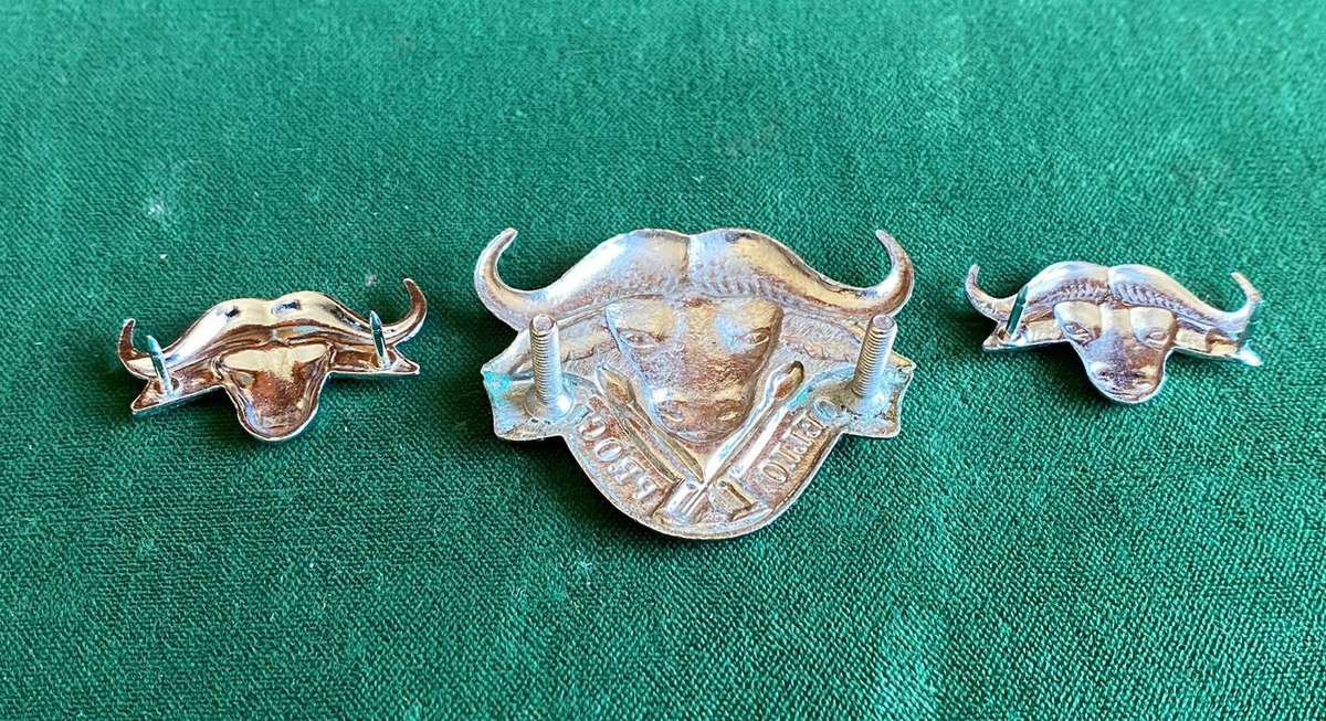 32 BATTALION CHROMED AND ENAMEL CAP BADGE AND 2X COLLARS-APPROVED IN 1977-ALL LUGS + PINS INTACT