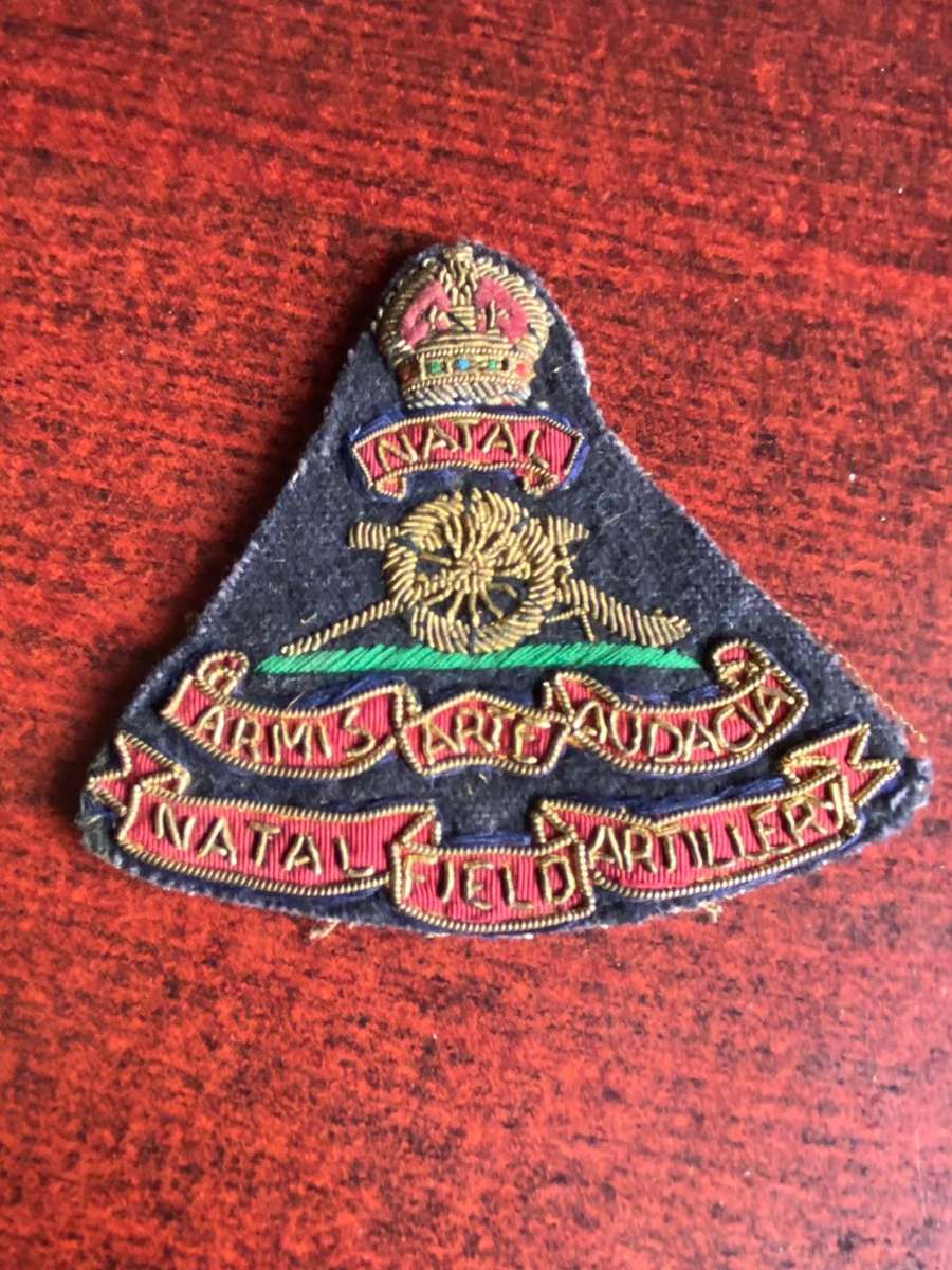 NATAL FIELD ARTILLERY BLAZER BADGE-KINGS CROWN-BULLION EMBROIDERED