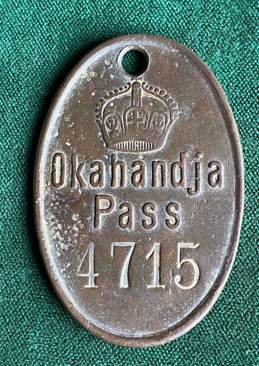 GERMAN SWA NATIVE PASS ORDERED BETWEEN SEPT 1907-OCT 1910-MEASURES 53 X 35MM-BRASS