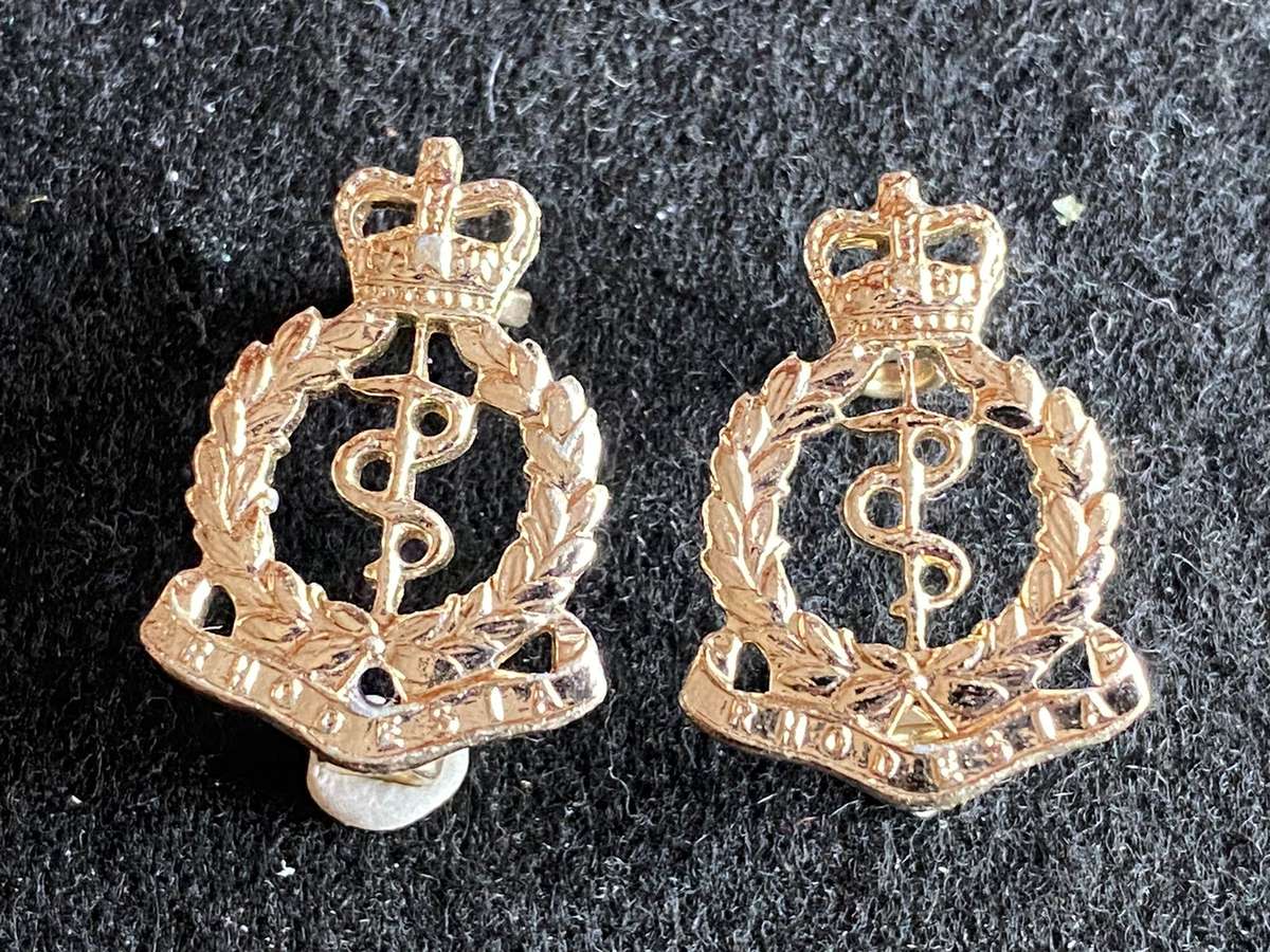 RHODESIA ARMY MEDICAL CORPS Q/C ANODISED COLLAR BADGE PAIR-WORN 1965-1972-LUGS INTACT