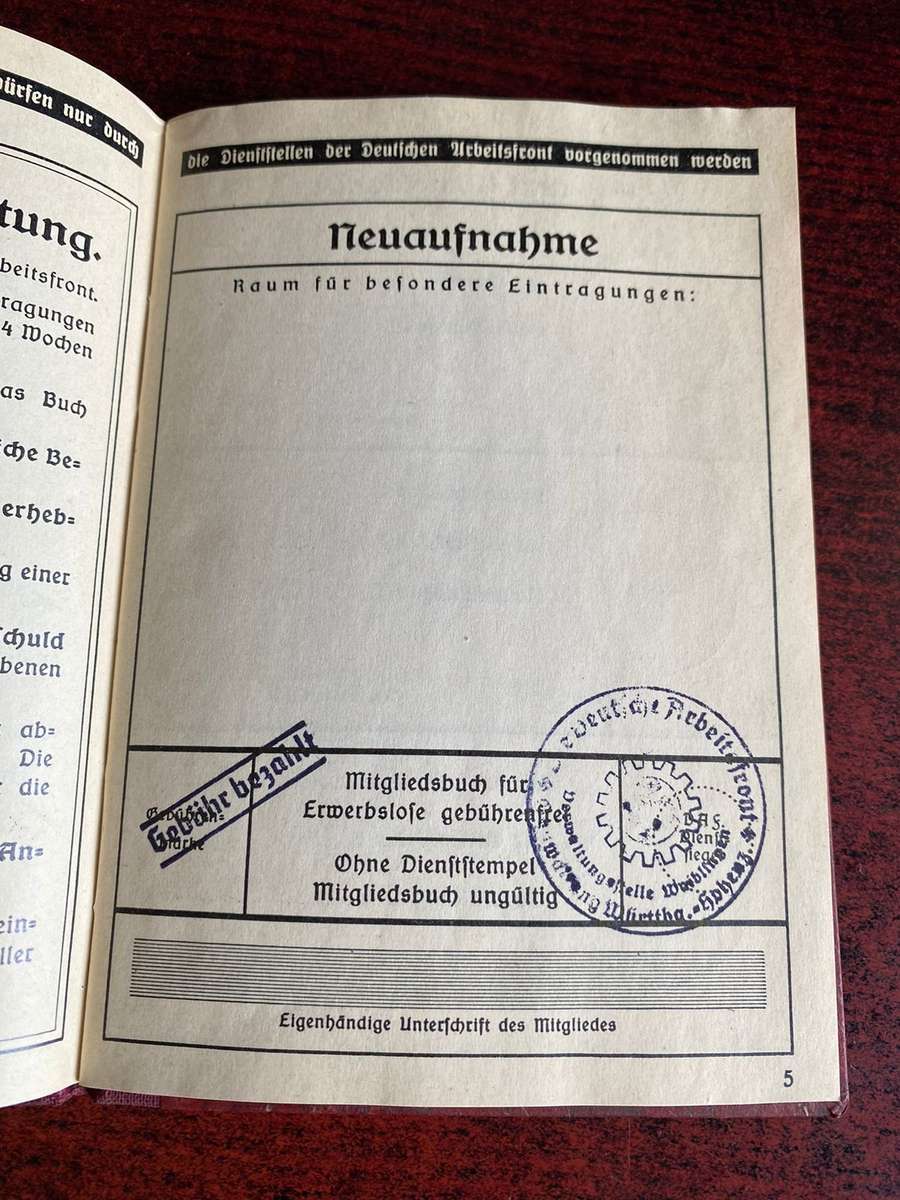 German Membership Book for the Deutsche Arbeitsfront (DAF) - German Labour Front