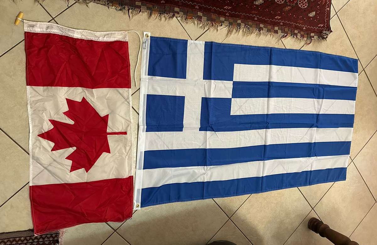 GREEK AND CANADIAN FLAG-SOLD TOGETHER BOTH POLYESTER-DOUBLE SIDED-MEASURES 87X150 AND 18X36 CM-BOTH
