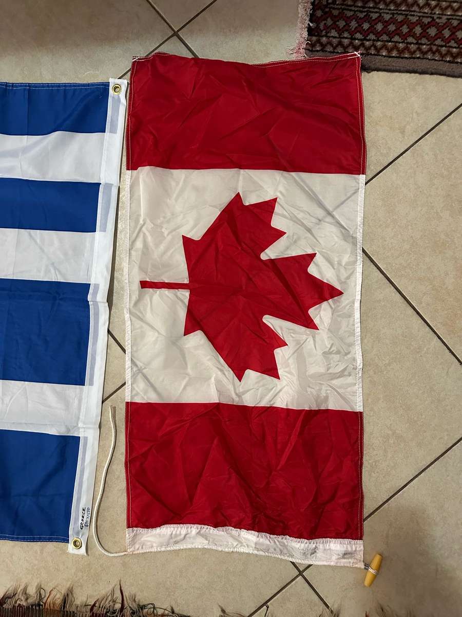 GREEK AND CANADIAN FLAG-SOLD TOGETHER BOTH POLYESTER-DOUBLE SIDED-MEASURES 87X150 AND 18X36 CM-BOTH
