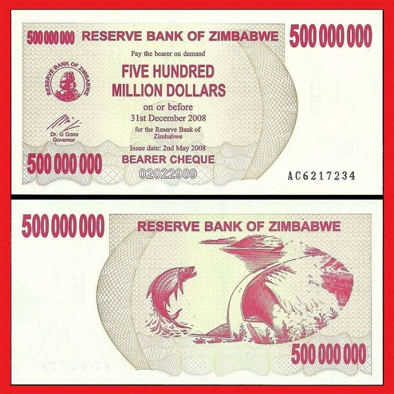 Zimbabwe 500 Million Dollar Bearer Cheque AC6217234 UNC