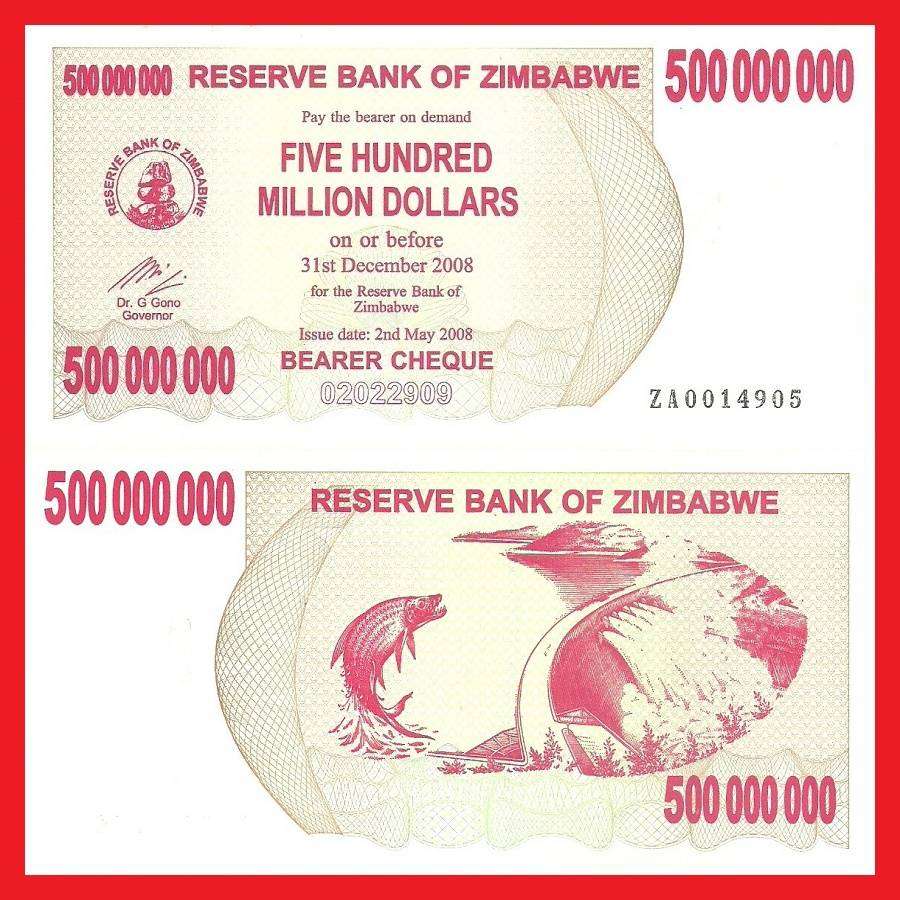 Zimbabwe 500 Million Dollar Bearer Cheque P60 Serial ZA0014905 [Replacement] UNC