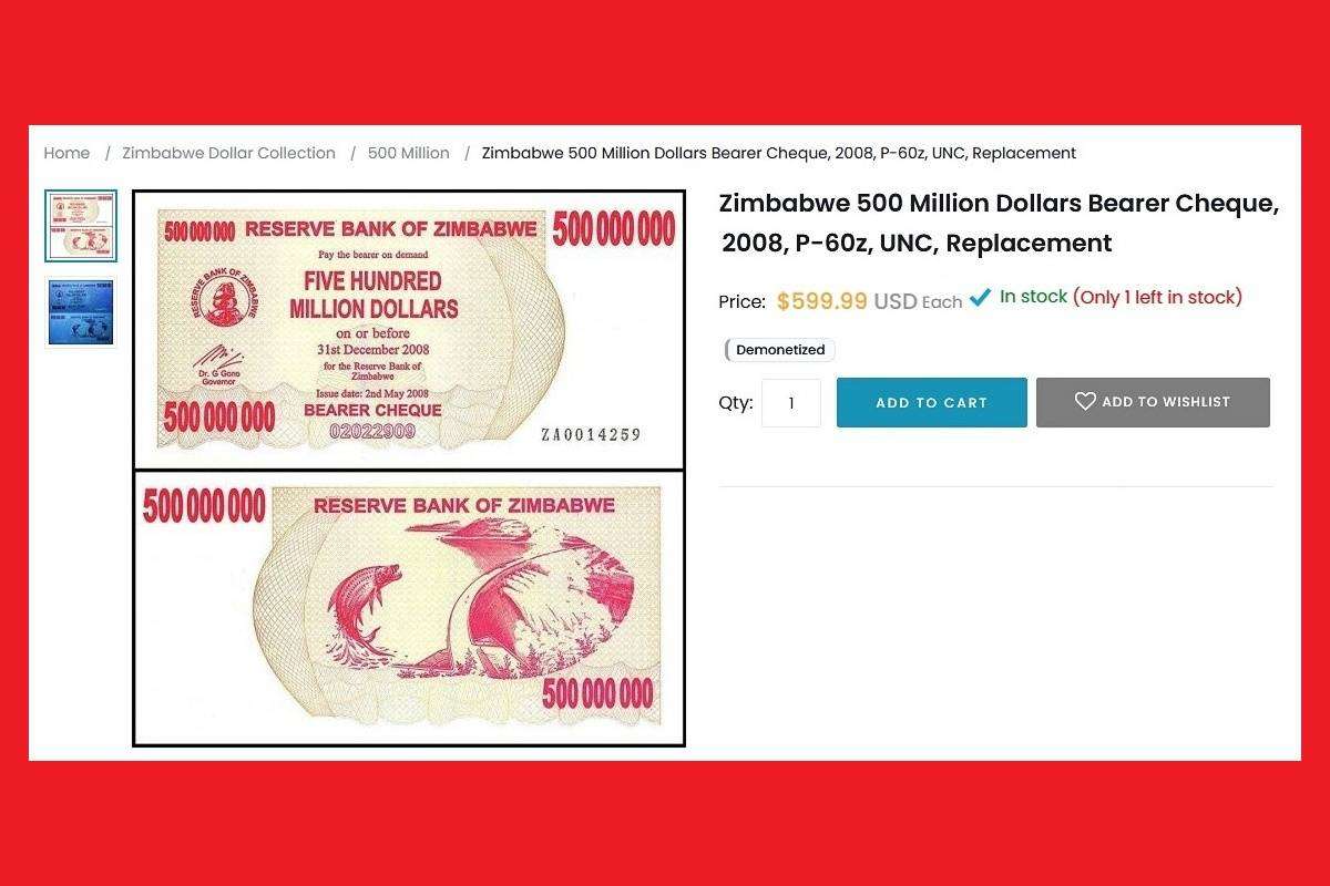 Zimbabwe 500 Million Dollar Bearer Cheque P60 Serial ZA0014905 [Replacement] UNC