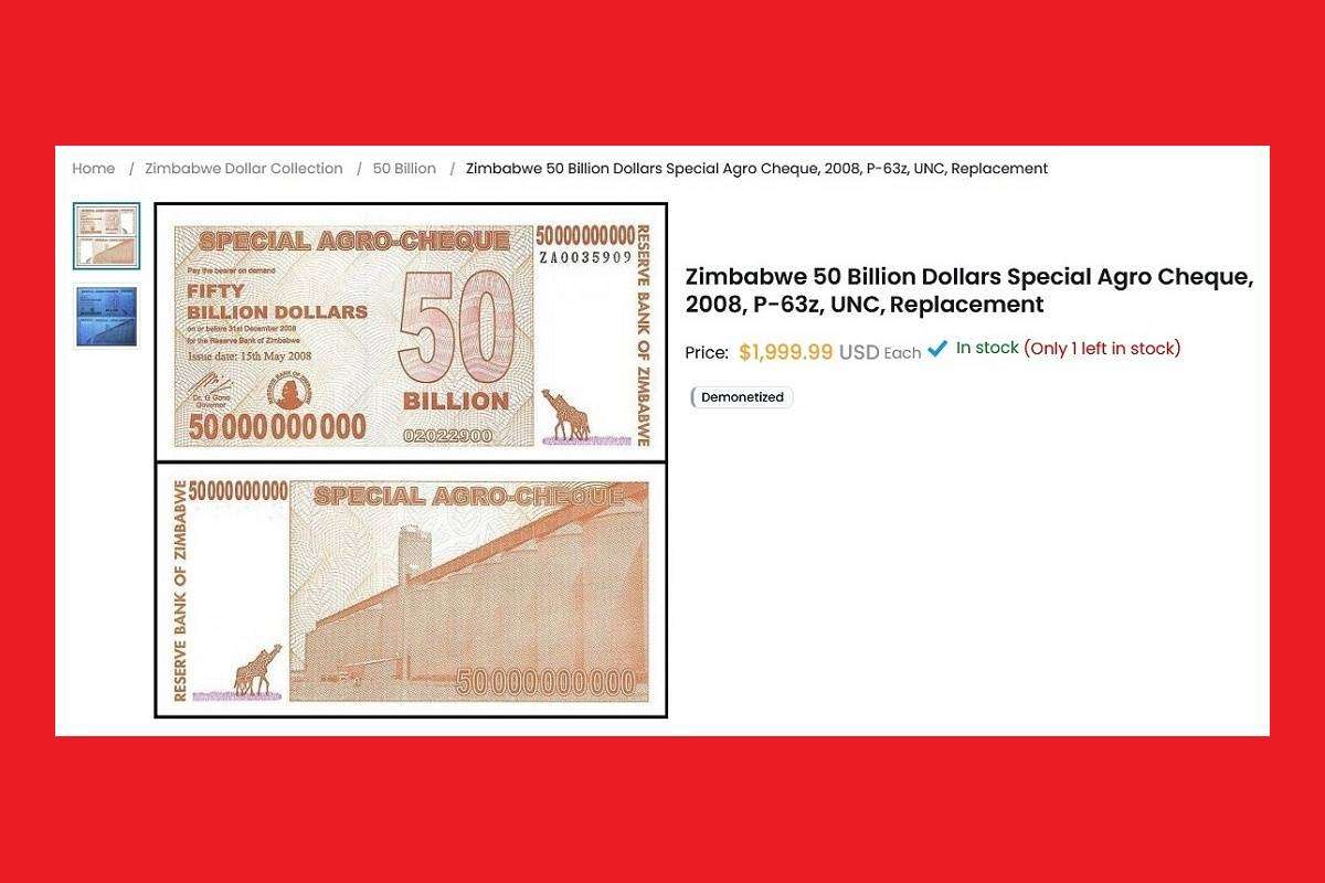 Zimbabwe 50 Billion Dollar Special Agro Cheque P63 Serial ZA0035531 [Replacement] UNC