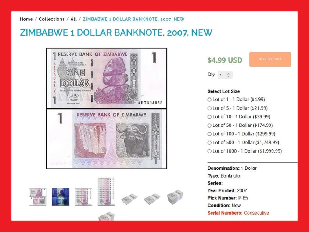 Zimbabwe 1 Dollar Banknote Serial AE6178522 UNC