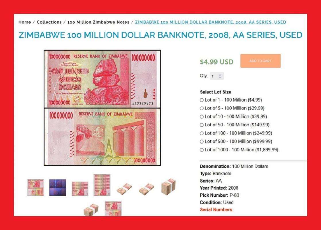 Zimbabwe 100 Million Dollar Banknotes Used Condition