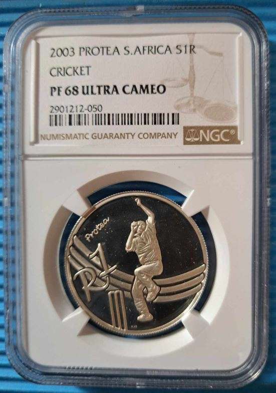 2003 South Africa Silver R1 Cricket NGC PF68 Ultra Cameo