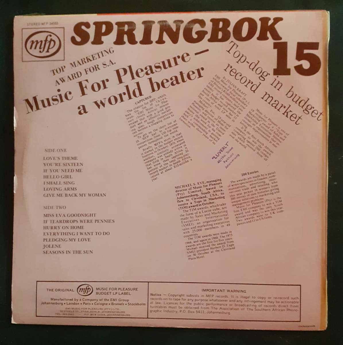 Springbok Hit Parade Vol.15 LP Vinyl Record