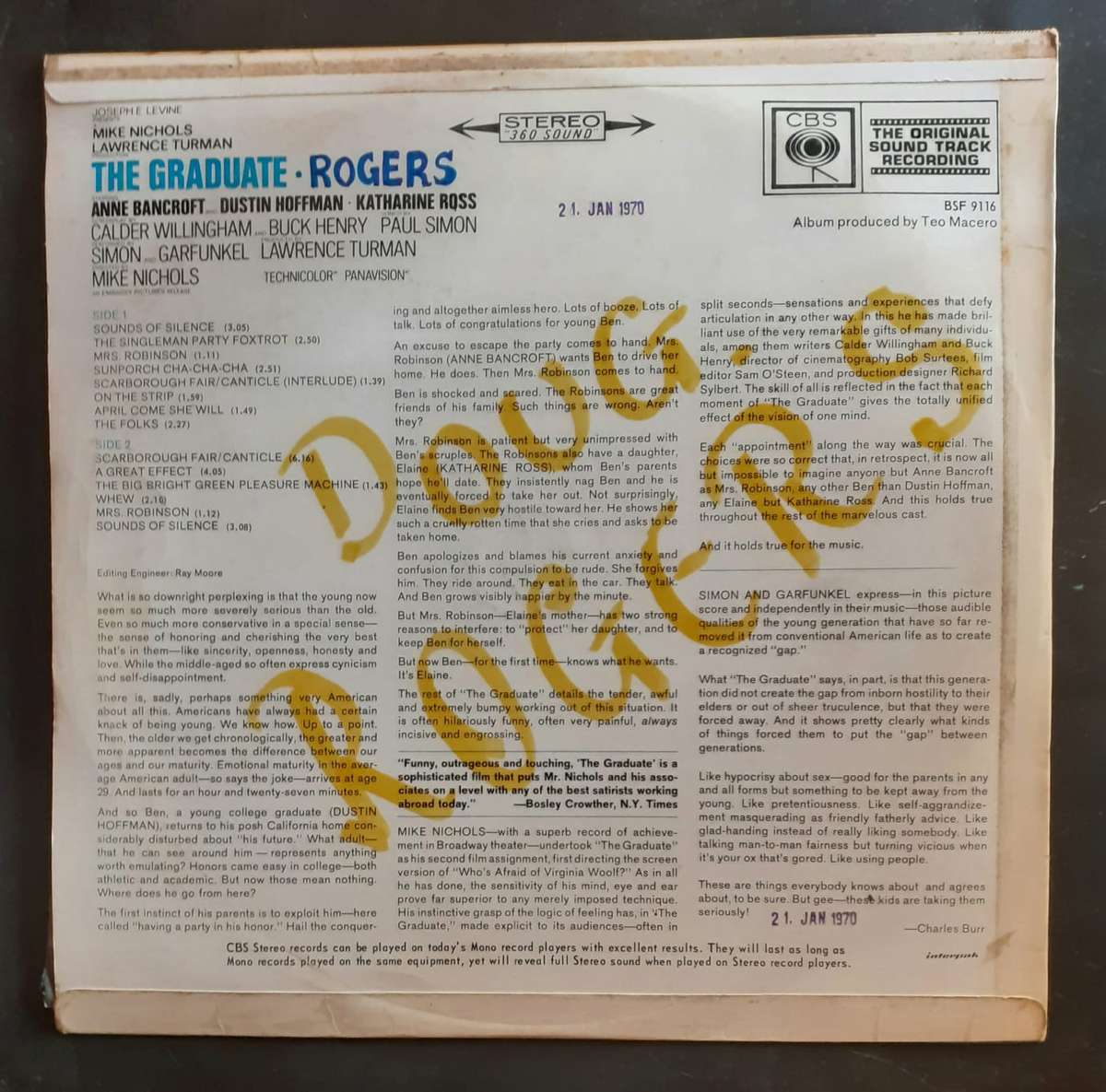 Paul Simon & Garfunkel - The Graduate (Original Sound Track Recording) LP Vinyl Record