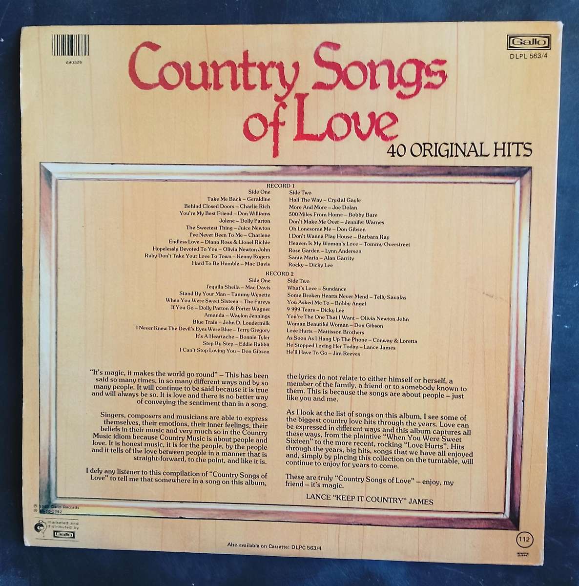 Country Songs of Love - 40 Original Hits Double LP Vinyl Record Set