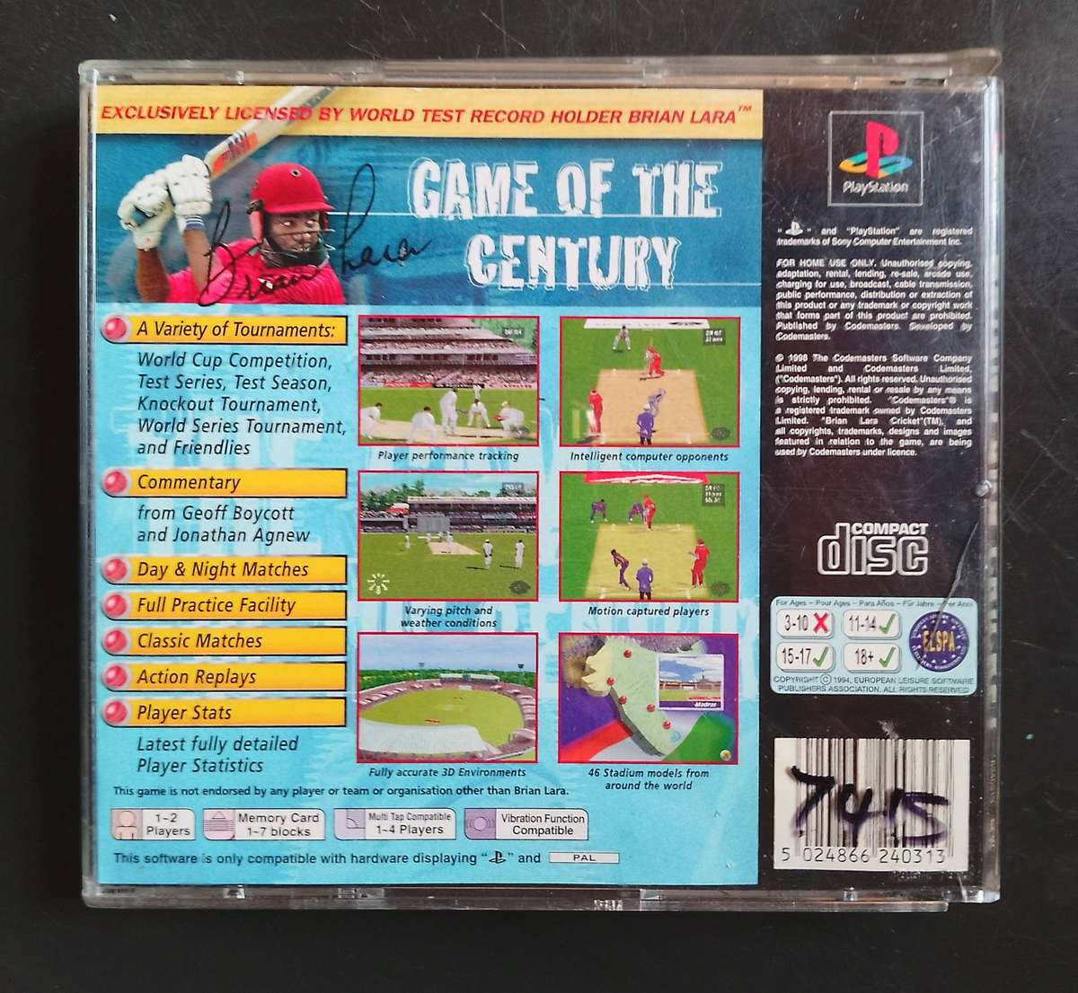 Brian Lara Cricket - PS1/Play Station 1 Game - PAL