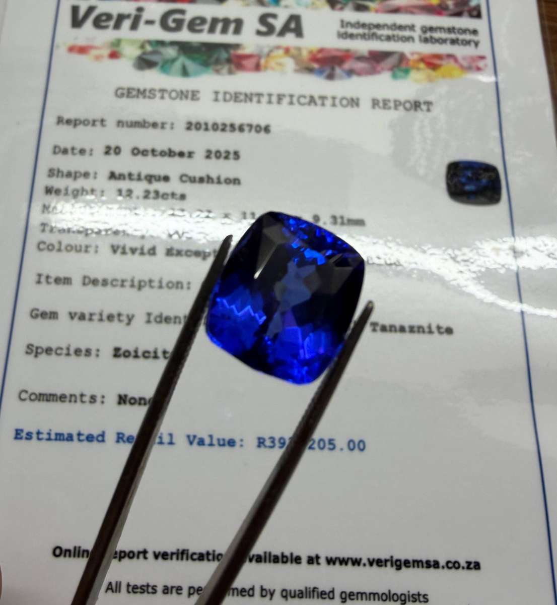 12.23CT PREMIUM INVESTMENT TANZANITE * Certified Tanzanite *